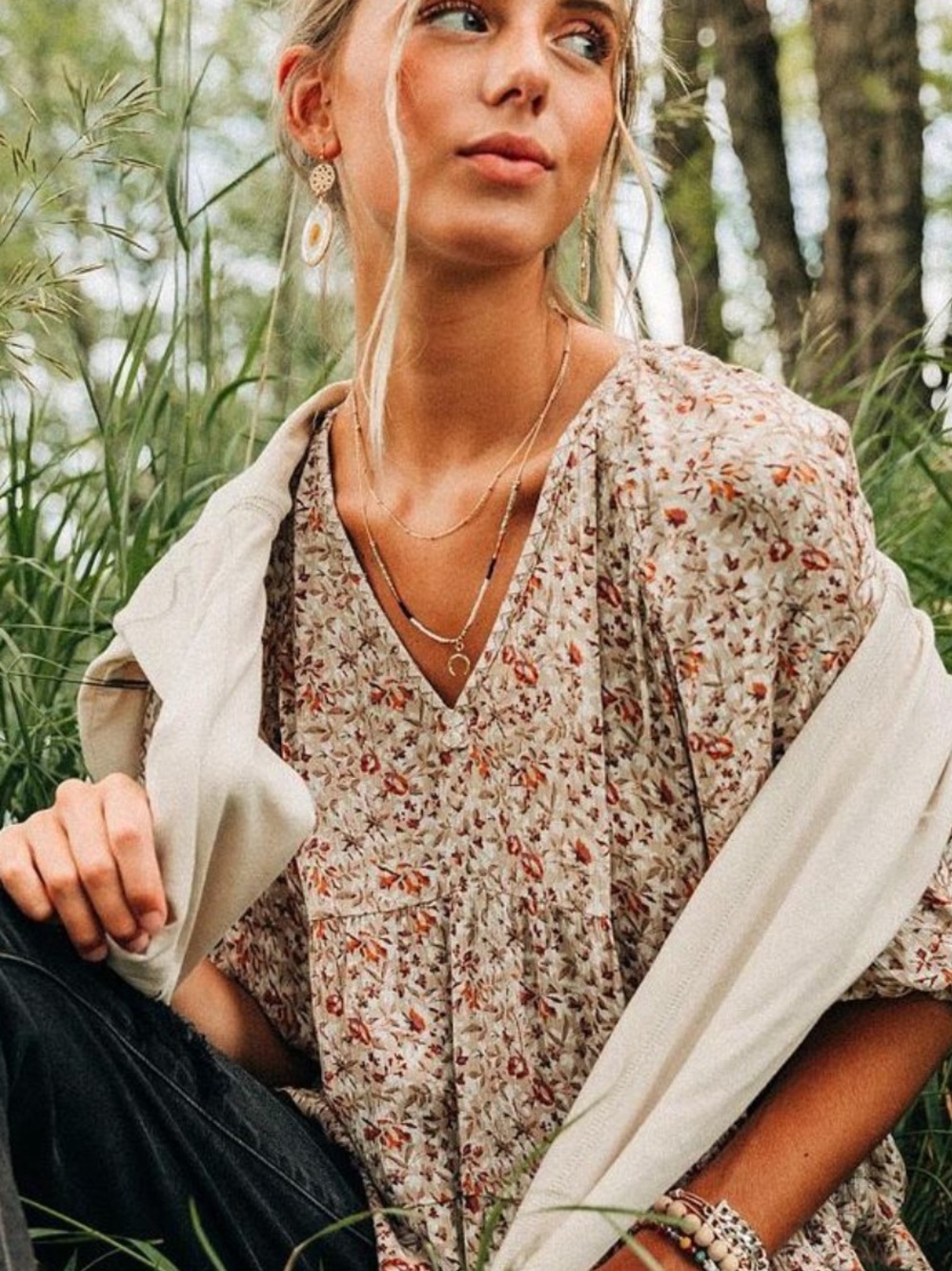 gimmicks by BKE Cream Floral V-Neck Blouse with Rust and Olive Accents